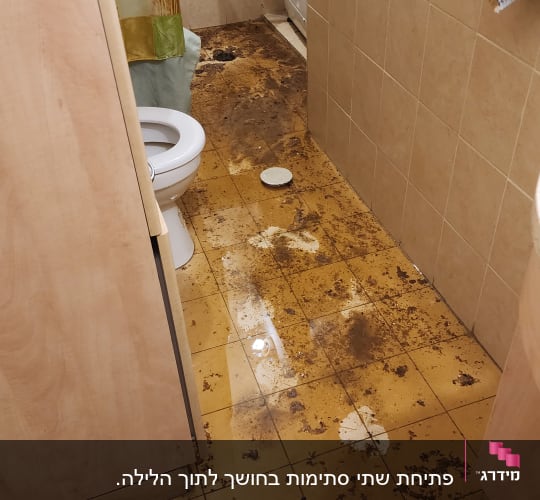 רצפה מלוכלכת עם מים וביוב בחדר אמבטיה